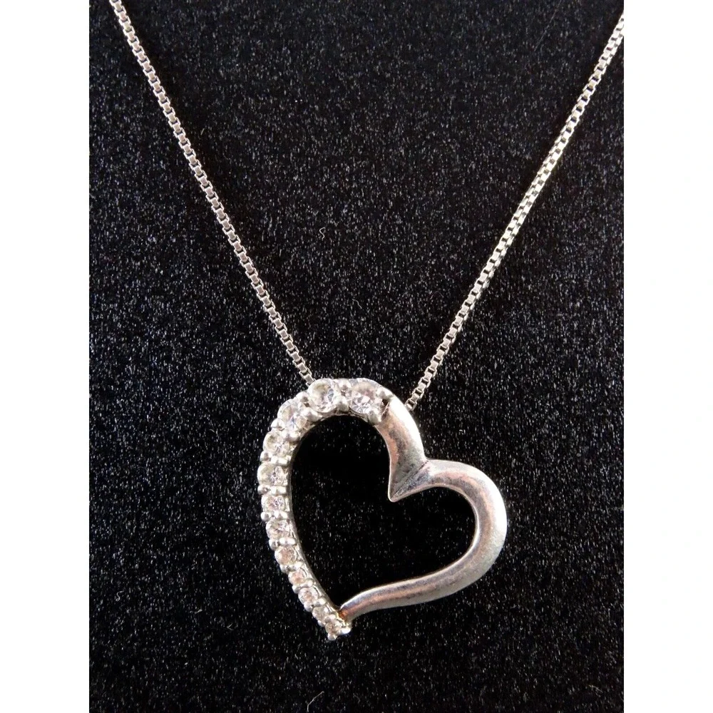 STERLING SILVER Chain Necklace CLEAR CZ SIDEWAYS Open Heart Pendant SUPER SWEET!